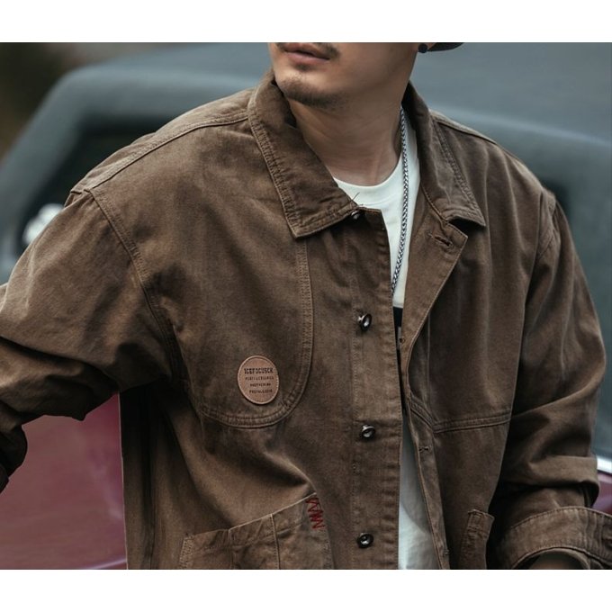 brown denim military jacket