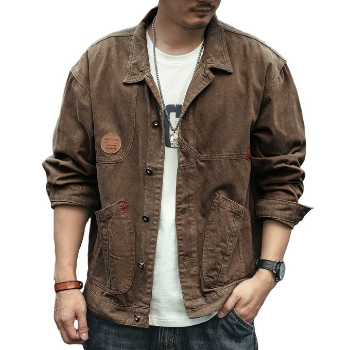 brown denim military jacket