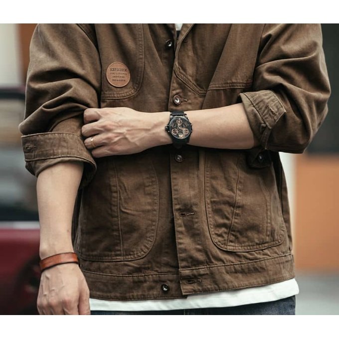 brown denim military jacket
