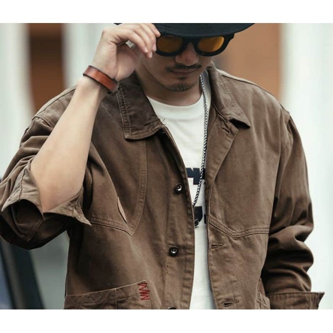 brown denim military jacket