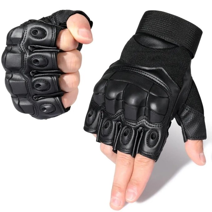 Half finger tactical gloves leather Black