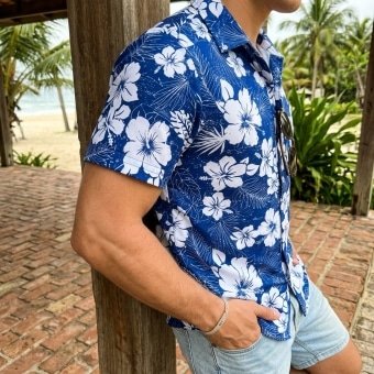 Blue hawaiian shirt with white flowers