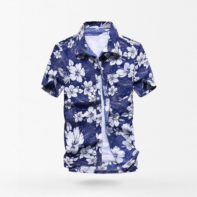 blue hawaiian shirt with white flowers