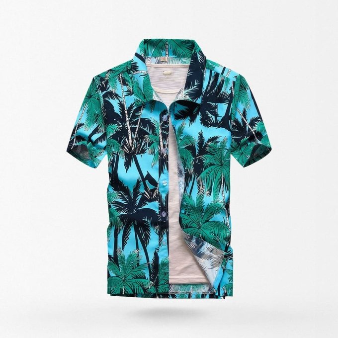 blue palm tree hawaiian shirt