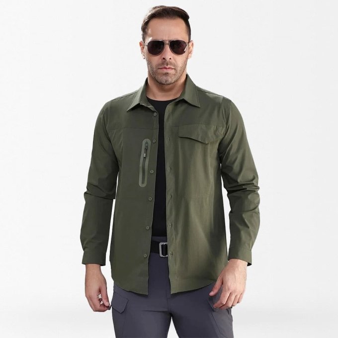 military button down shirt with zip pocket