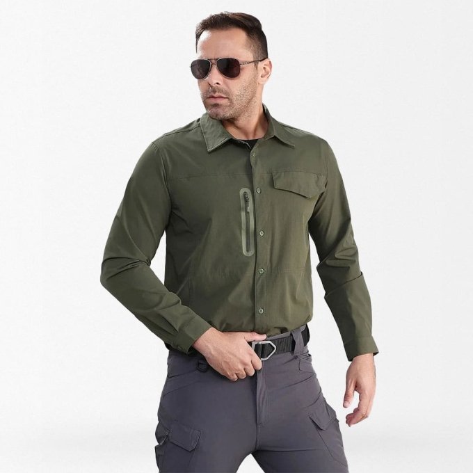 military button down shirt with zip pocket