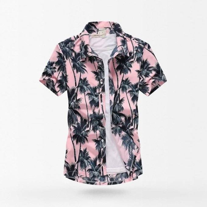pink hawaiian shirt with palm trees