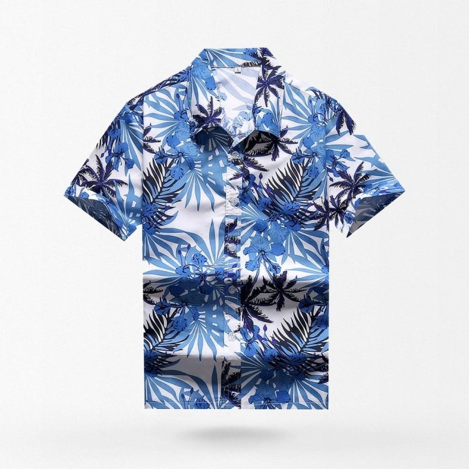 white hawaiian shirt with blue leaves