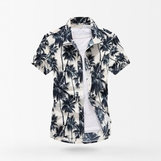 white hawaiian shirt with blue palm trees