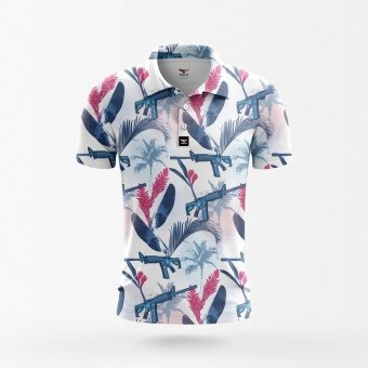 white hawaiian shirt with leaves and guns