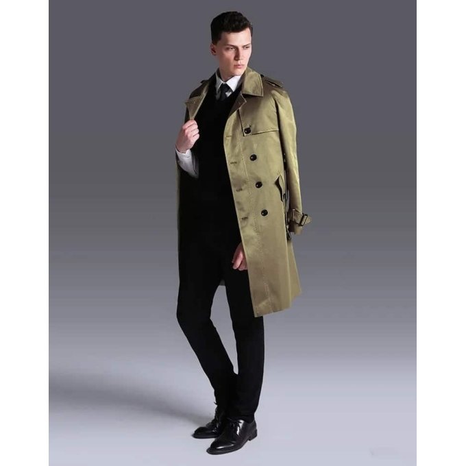 Belted military style trench coat Black|Khaki