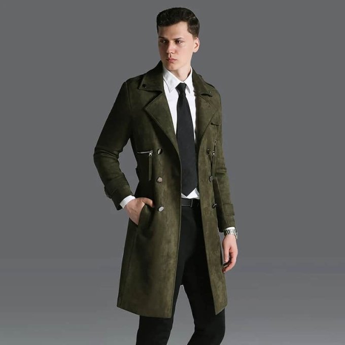 Military style suede trench coat Olive