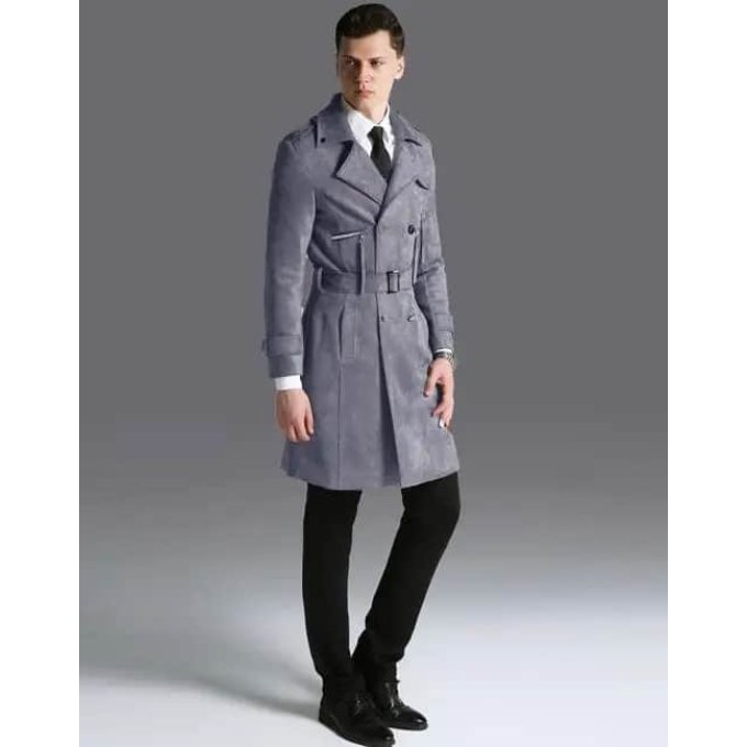 Military style suede trench coat Grey