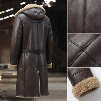 Cold weather sheep fur leather military style brown coat