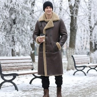 Cold weather sheep fur leather military style brown coat