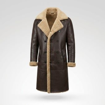 Cold weather sheep fur leather military style brown coat