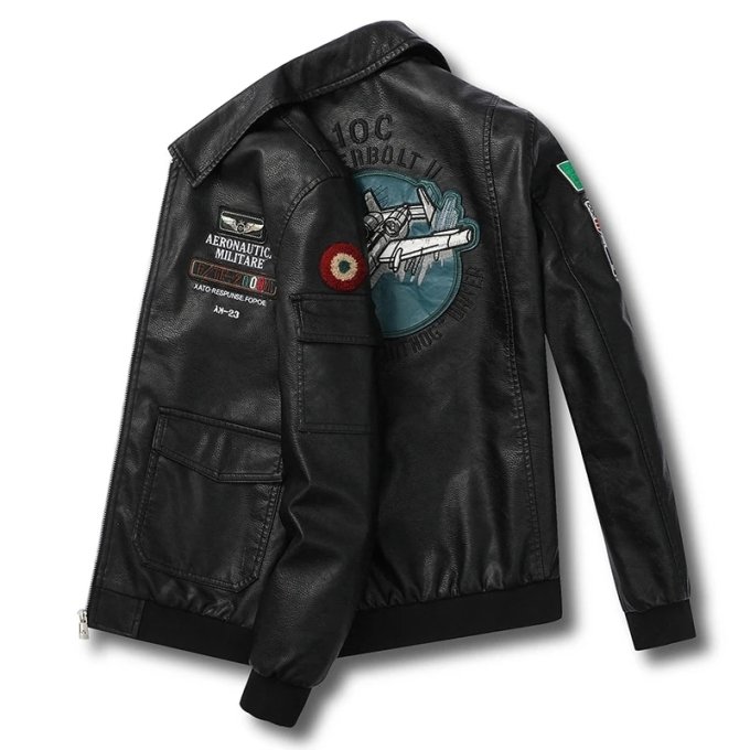 indian embroidered leather flight jacket Black