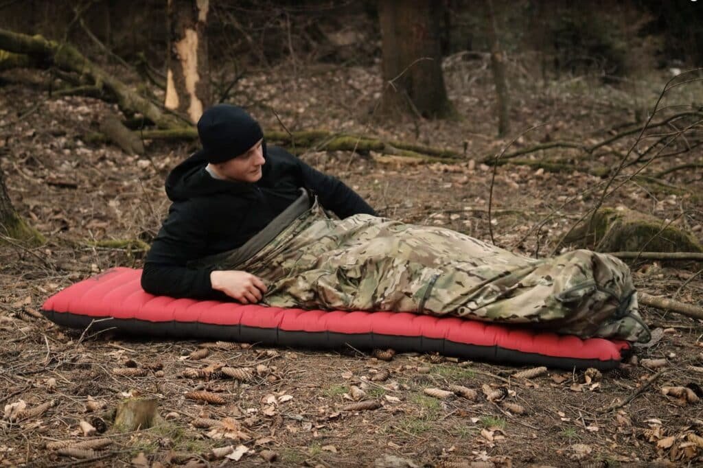 Soldat utilisant un poncho comme couverture