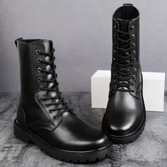Black leather combat boots