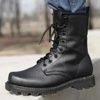 Black leather steel toe combat boots