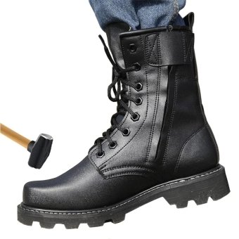 Black leather steel toe combat boots