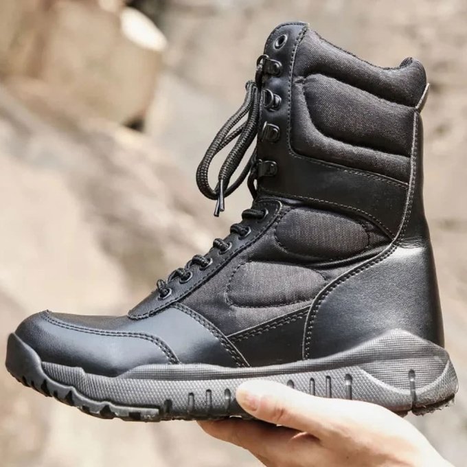 Black tactical leather boots with zipper