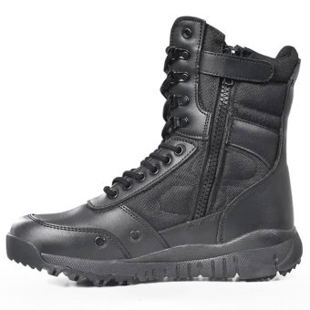 Black tactical leather boots with zipper