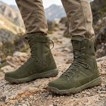 Olive Green Lace Up Combat Boots With Mesh