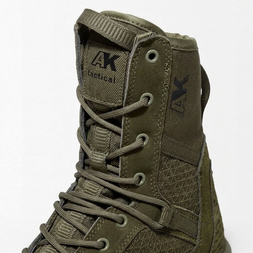 Olive Green Lace Up Combat Boots With Mesh