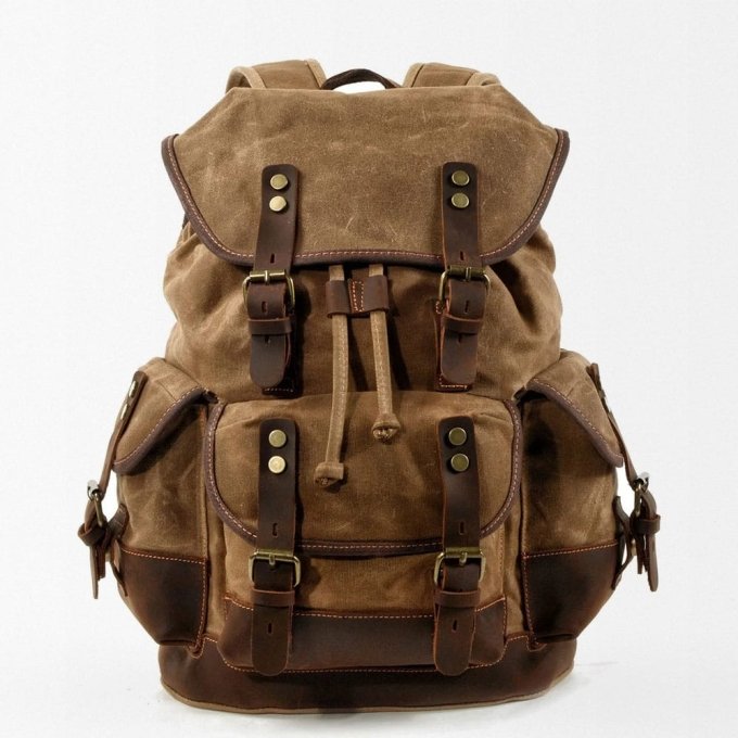 Military style canvas backpack Khaki