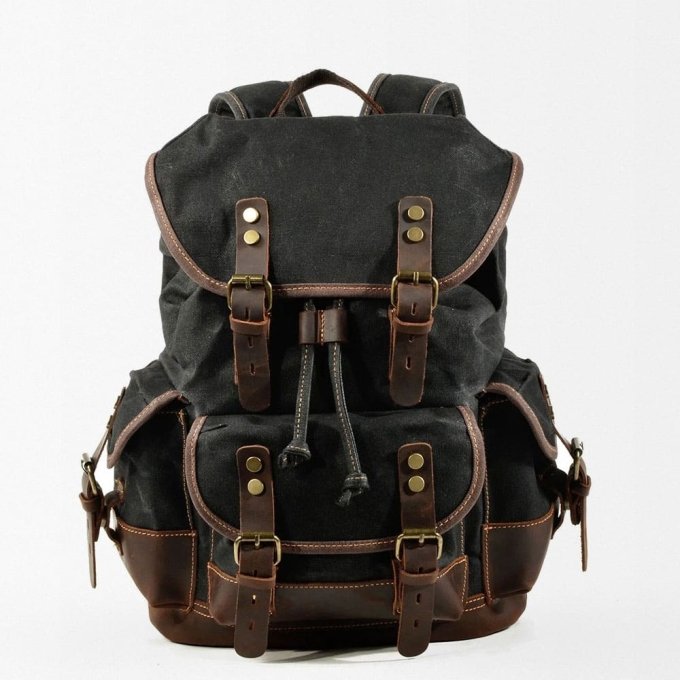 Military style canvas backpack Black