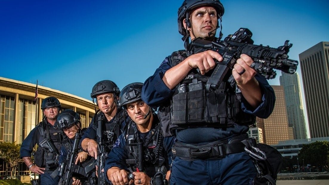 Navy blue duty uniform in an urban setting