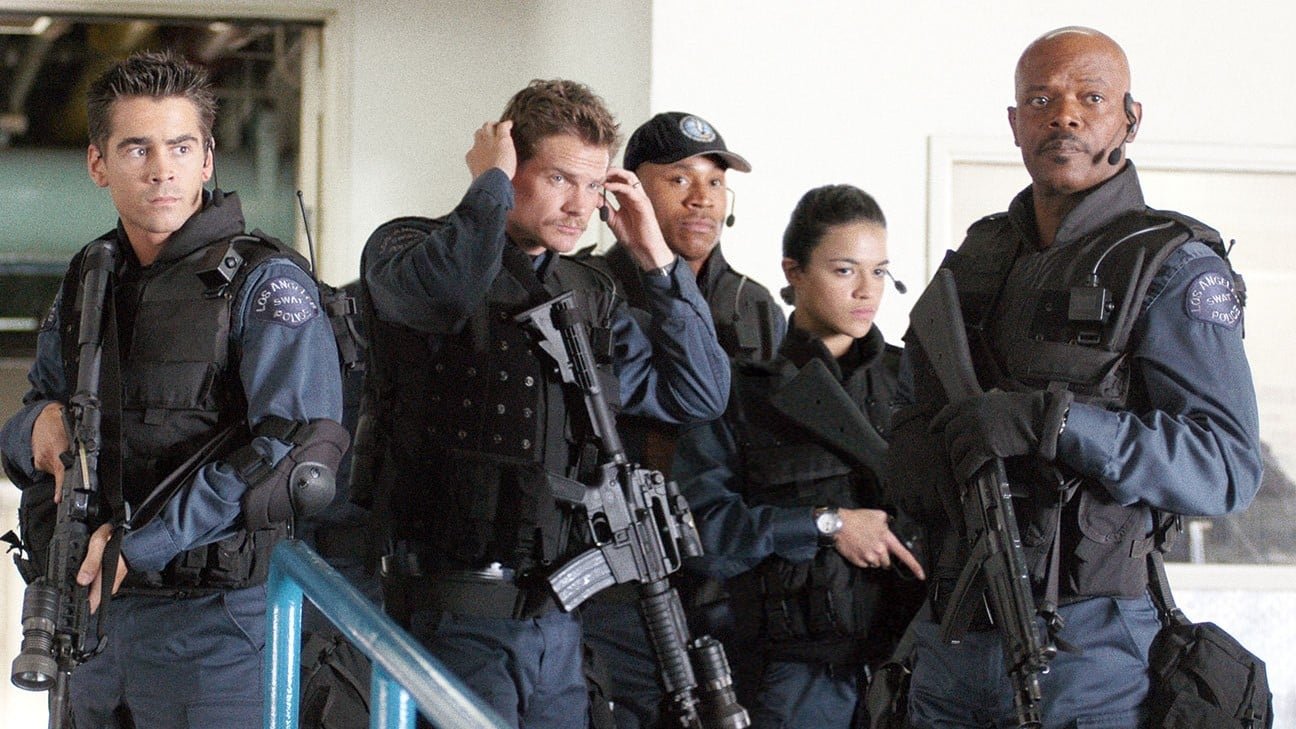 Police officer in navy blue tactical uniform